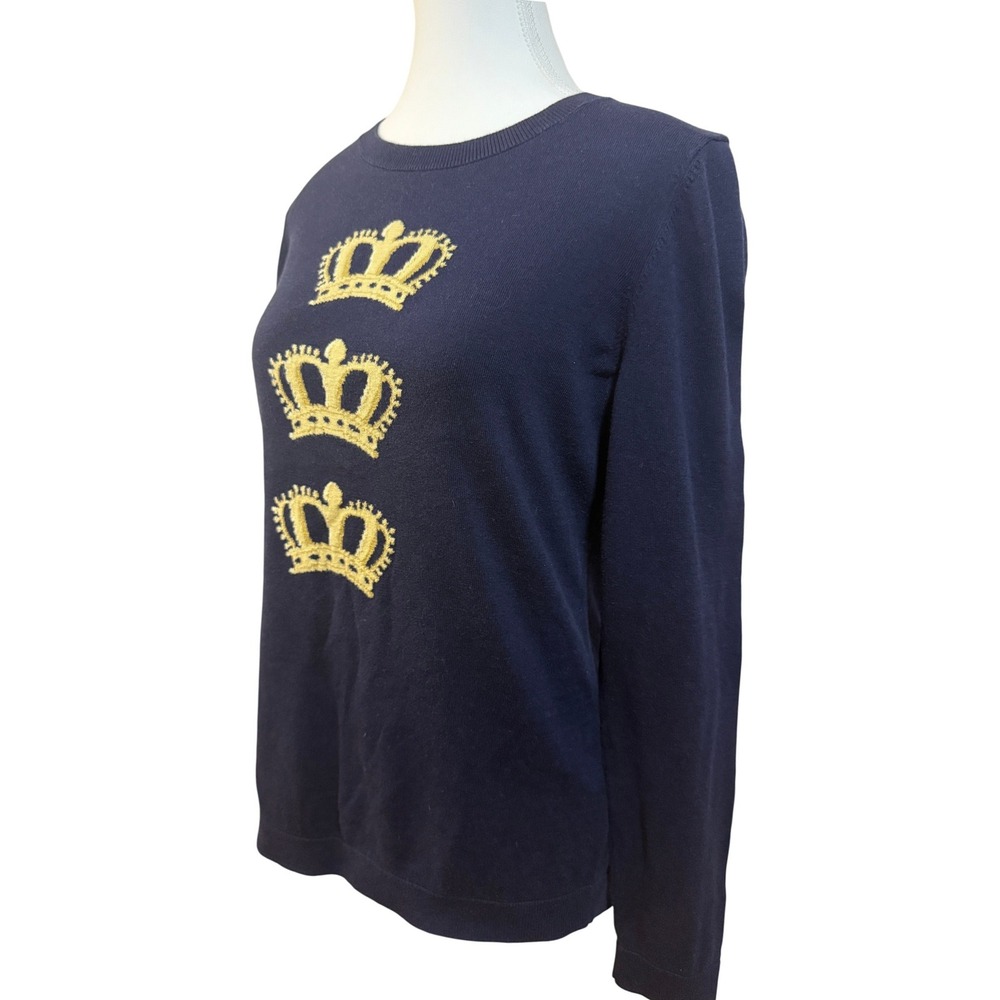 Talbots Sweater Women M Navy Gold Crown Embroidered Knit Regal Preppy Academia - Picture 2 of 6